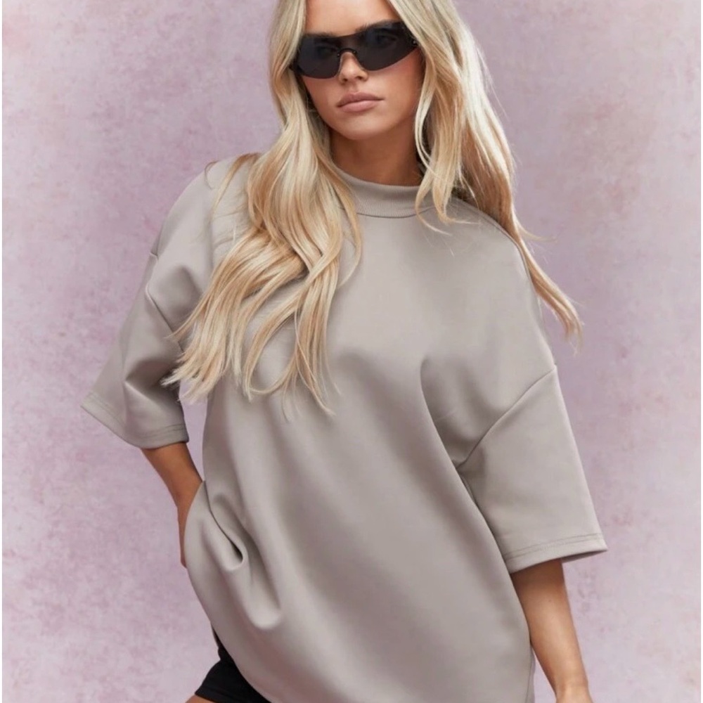 Missguided Logo Label Back Polo Neck Dropped Sleeve Oversized T-shirt Khaki L